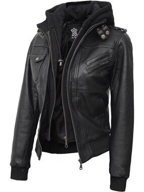Women’s Black Leather Bomber Jacket Detachable Hood Casual Stylish Coat